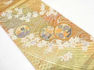 雪輪に荒波・鴛鴦・枝梅模様織り出し 袋帯